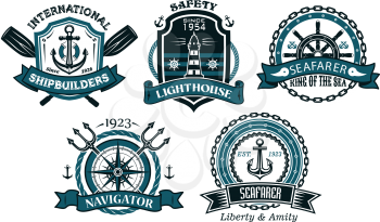 Nautical badges and emblems set in heraldic style with anchors, lighthouse, steering wheel, chains, trident, oar and ropes