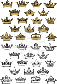 Imperial and royal crowns heraldic set with golden and outline elements
