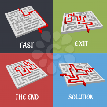 Vector labyrinth puzzles with solutions shown by red arrows winding through the maze labeled Fast, Exit, The End, Solution with four variations on colorful square backgrounds