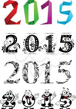 Artistic New Year 2015 numbers and digits with origami, floral and soccer elements