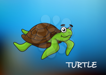 Swimming sea turtle cartoon character on blue background with text Turtle