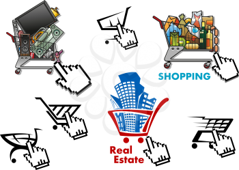 Set of shopping carts with goods and cursors icons on white background for internet market, shop, store website design
