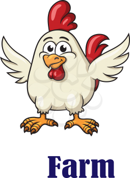 Cute little white cartoon rooster character with red crest, spread wings and text Farm