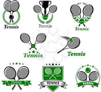 Tennis sporting emblems, banners or logo designs for sport club and tournament with rackets, balls, ribbon banners, trophy cup framed in laurel wreath, stars or shield