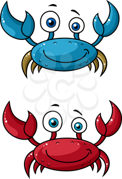 Red and blue funny smiling cartoon crabs characters with raised claws isolated on white background