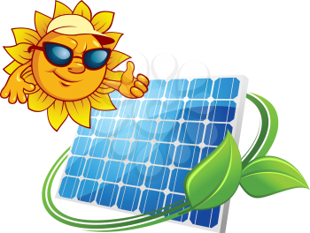 Alternative energy and renewable resources eco concept with cartoon cheerful sun showing thumb up gesture and solar panel surrounded by green leaves
