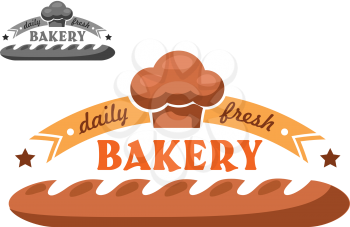 Bakery emblem or logo in retro style with appetizing crispy french baguette, ribbon banner, stars, chef hat, text Daily Fresh Bakery for bakehouse, bakeshop and cafe design