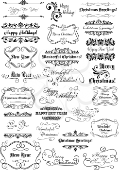 Set of Merry Christmas and Happy New Year headlines,  lettering and calligraphic design elements with retro borders isolated on white background