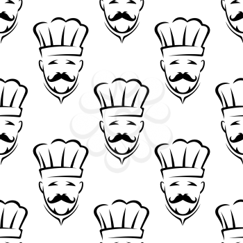 Outline mustached chef or cook in traditional toque seamless pattern for restaurant, cooking or food backgrounds 