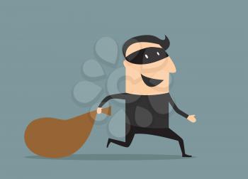 Cartooned thief in black mask and costume running away from the pursuit dragging sack with loot 
