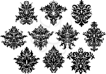 Abstract black floral design elements set in damask style isolated on white background