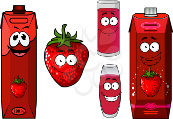 Set of cartoon colorful strawberry juice or smoothie icons with two cardboard packages, full of drinks glasses and berry with friendly smiles