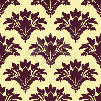 Purple cornflowers on beige background seamless pattern in a damask style for textile and fabric design