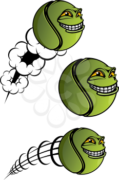 Green spiteful cartoon tennis ball with evil grin and motion trails as symbol or mascot design for sport club or team mascots