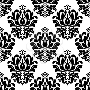 Black retro floral seamless pattern in damask style on white background for fabric and interior design