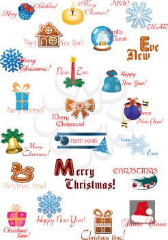 Large set of traditional Christmas and New Year design elements with christmas tree, balls, gift boxes, gingerbread, candles and greeting text isolated on white background