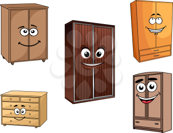 Wooden bedroom cupboards set in cartoon style with cheerful faces and friendly smile for furniture shop and interior design