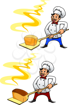 Joyful mustached baker in uniform and toque holding a loaf of hot bread on peel tool