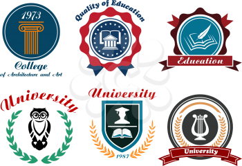 University and college emblems or badges set in retro style with owl, books, feather, graduation cap ordered in shield and circle frames with ribbons, stars and laurel wreaths