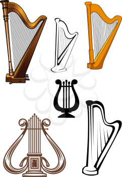 Harps ans lyres stringed musical instruments set isolated on white background for art and music design