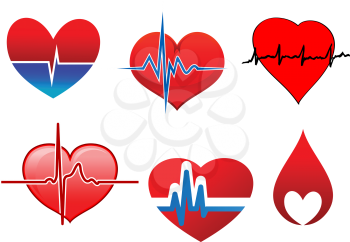 Cardiology icons with bright beating red hearts. One of them in a drop of blood and the other part with cardioid line of cardiogram 