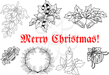 Christmas and New Year traditional decorations in outline style with wreaths, candles, branches, candies, balls and text Merry Christmas