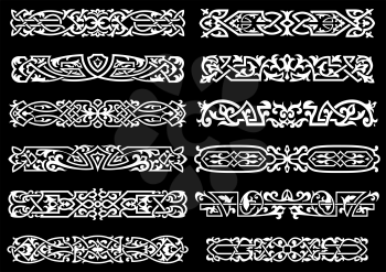 White floral and celtic ornaments or borders on black background for vintage and decoration design