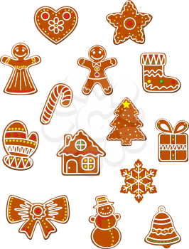 Christmas and New Year gingerbread cookies set with gingerbread man, bow, gift box and sock, star and candy decorated colored sugar glaze for holiday design