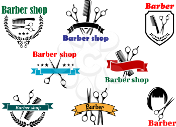 Barber shop emblems and labels for signboard design with open scissors, brushes, haircut silhouette part of them with ribbon banners and wreathes