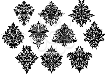 Black curlicue flowers and floral motifs in damask style isolated on white background
