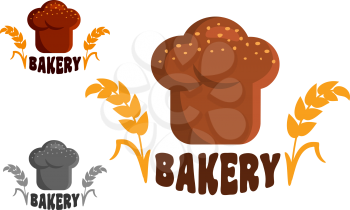 Appetizing fresh loaf of brown bread with wheat ears, toque shape and caption Bakery for food market or bakery emblems and logo design