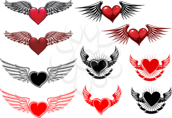 Heart tattoos with wings in retro style for heraldry or t-shirt design