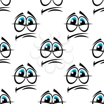 Cartoon unhappy depression face character with big blue eyes in a seamless background for wrapping paper