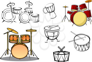 Drum plants, timpani, snare drum, bass drum and congas in cartoon and sketch style for percussion and music design