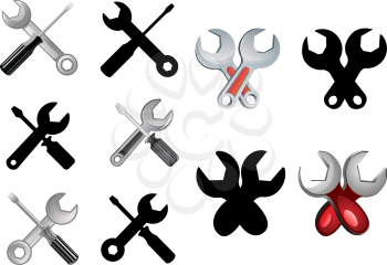 Wrenches and screwdrivers in various styles isolated on white background for repair, settings, technical support web design