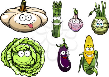 Colorful cartoon squash, asparagus, garlic, kohlrabi, cabbage, eggplant, ear of corn vegetables characters for agriculture and food design