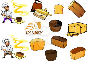 Bakery icons for logo or emblems design with variety sorts of bread and cartooned bakers in uniform holding hot loafs of white and brown bread