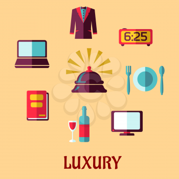 Flat concept for luxury five stars hotel with reception bell and high quality of room service icons isolated on beige background