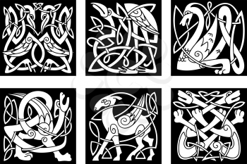 Mythical celtic animals heron ,dragon, wolves, deer, gryphon, storks on black background for tattoo, mascot or totem design
