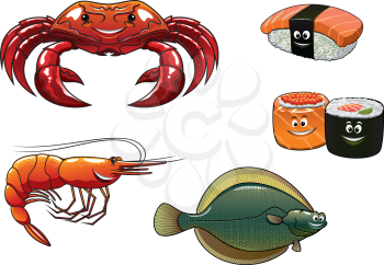 Cartoon colorful shrimp, crab, flounder fish, sushi nigiri and rolls for seafood restaurant menu and gastronomy design