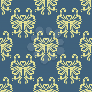 Elegant seamless pattern with curlicue of stylized yellow pansies on blue background for upholstery or hangings design