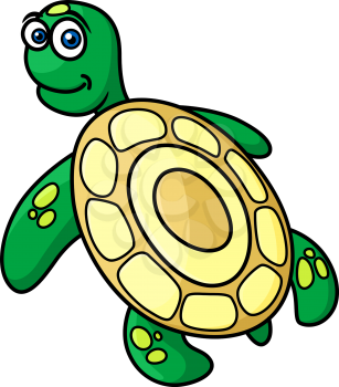 Rear view of cute green sea turtle with yellow shell in cartoon style for mascot and logo design