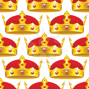Golden royal crown inlaid with jewels in seamless on white background pattern for wrapping paper or page fill design