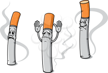 Cartooned cigarettes with orange filters and plums of smoke with different emotions for health care concept and prohibitory sign design