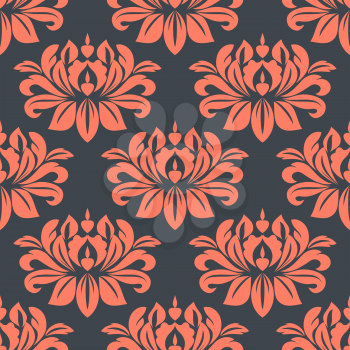 Seamless pattern of lush red peony flowers in damask style repeated ornament over dark gray background for wallpaper and upholstery design 