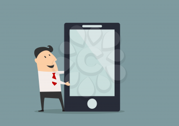 Cartoon businessman character pointing on empty screen with copy space of huge smartphone in flat style suited for presentation of new application or advertising design