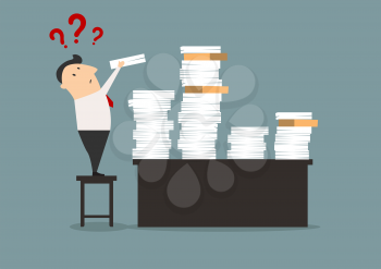Very busy cartooned businessman standing on chair, adds another batch of paperwork to the stacks of papers and folders on his desk with question marks above his head in flat style