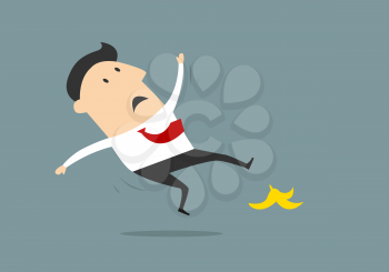 Businessman in cartoon style slip on a banana peel and falling down with outstretched arms and motion trails