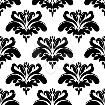 Flourish seamless pattern with black ornate victorian styled flowers on white background for luxury wallpaper and textile design