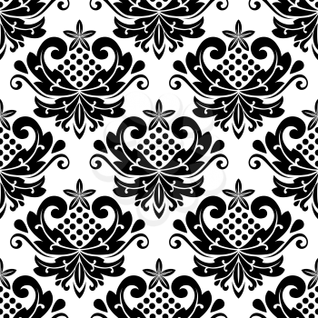 Classic damask seamless pattern with dainty retro black flowers on white background